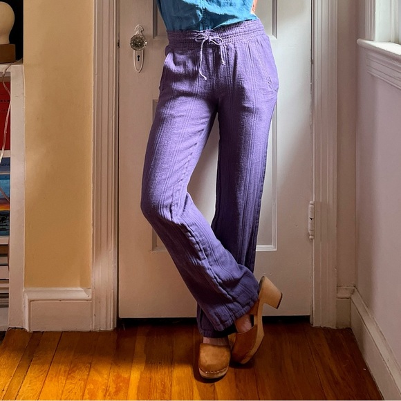 Vintage Y2K Low Rise Linen Blend Purple Beach Easy Pants Summer Elastic Waist - Picture 1 of 13